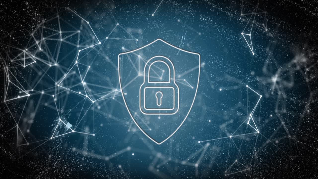 animación del icono del candado de seguridad y la red de conexiones contra un fondo azul