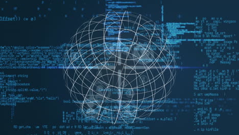 animation of rotating sphere and data processing over icons on navy background