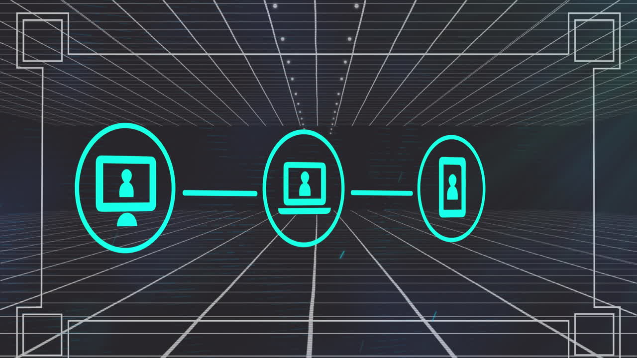 Animation of network of digital icons over grid network against grey background
