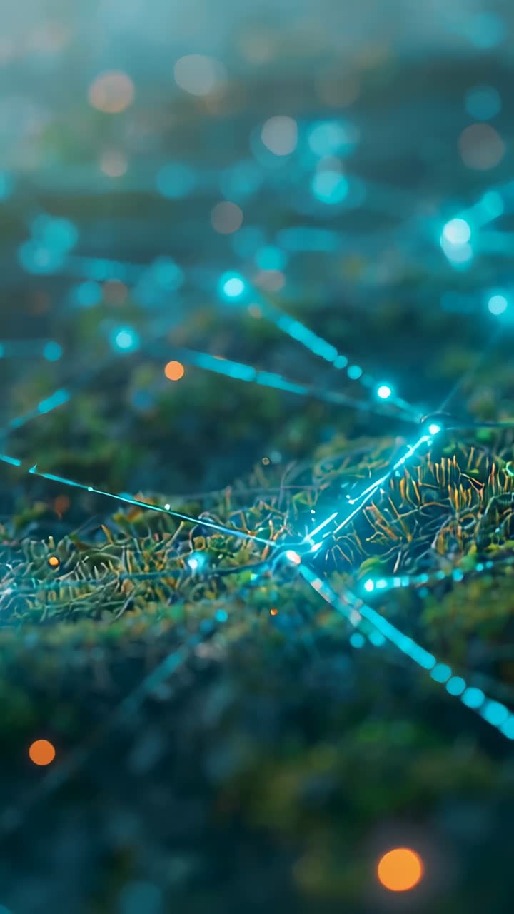 Vertical video: Camera panning moss with cyan grid, showing pulses moving to nodes, orange bokeh