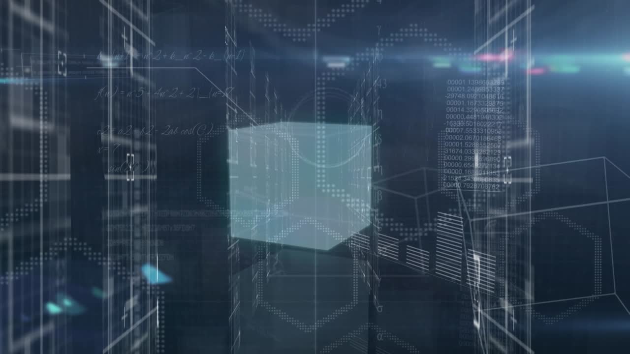 Animation of network of connections and data processing over black background