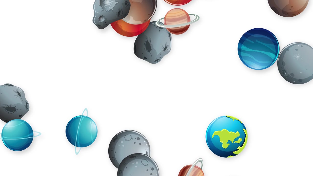 Stylized celestial bodies fall vertically through a bright white space with soft drop shadows.