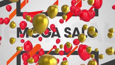 Animation-of-red-and-golden-balloons-with-mega-sale-text,-geometric-shape-over-abstract-background