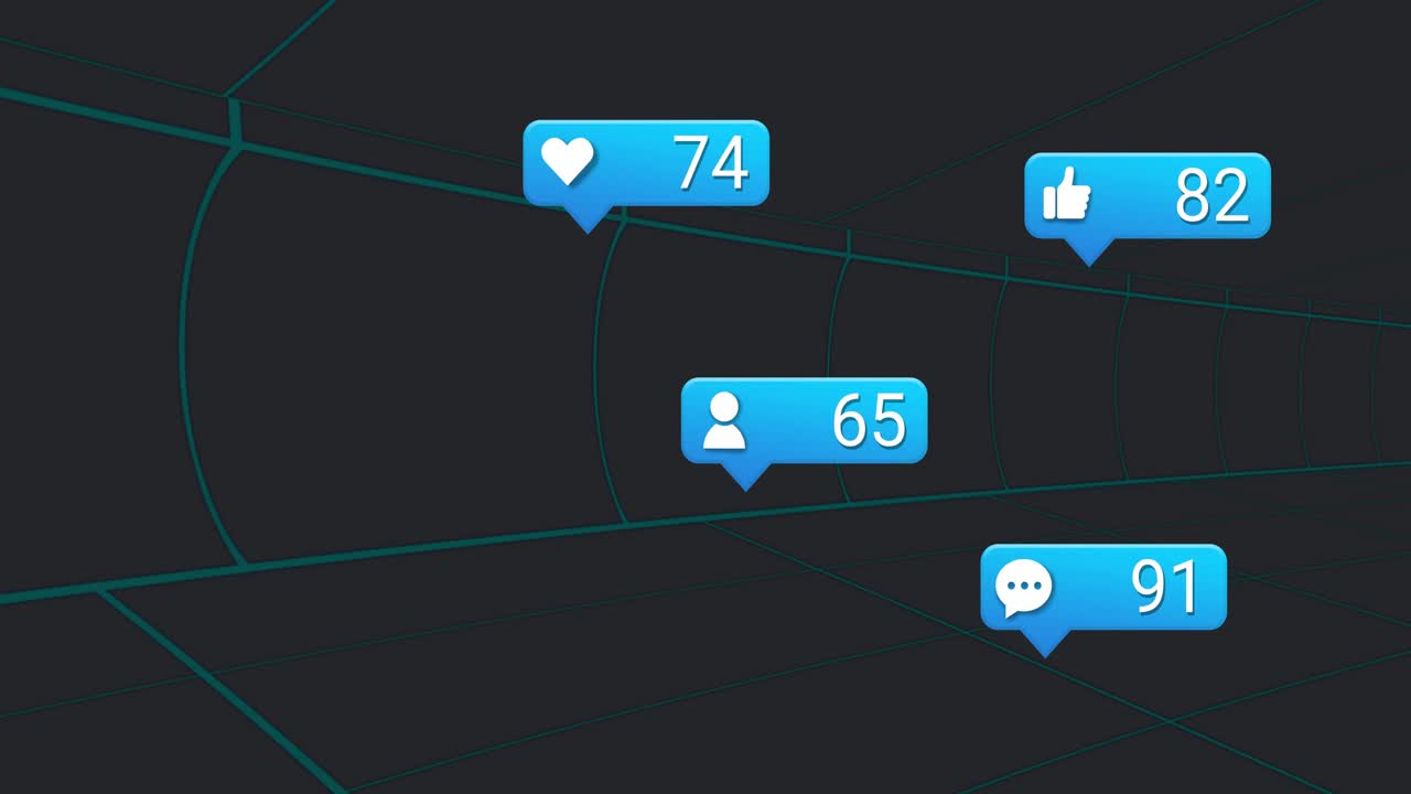 Single comment bubble appearing, blue cluster forming on teal grid, counters rising, showing growth