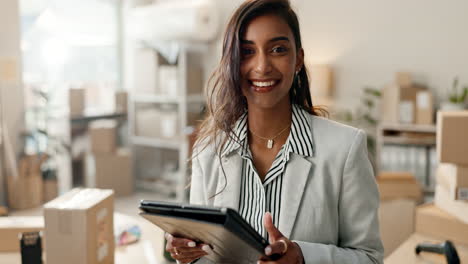 Delivery,-shipping-and-face-of-woman-on-tablet