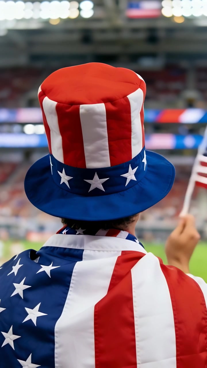 Vertikales Video: Ein Fan mit USA-Mütze und Flaggenumhang hebt im Stadion den Arm, als das Spiel beginnt.