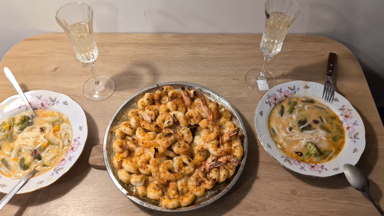 camarones alimentos de mar saludables fritos en una sartén de aceite cocinados, dieta, concepto de nutrición