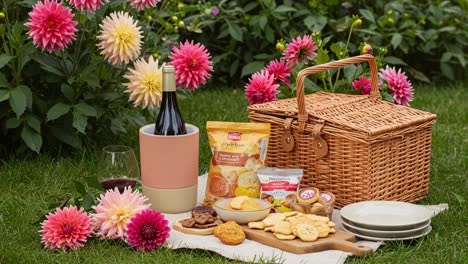 a delightful picnic setting with wine, snacks, and beautiful flowers ready for enjoyment in a lush garden environment