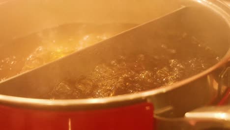 hot pot cooking with steam and bubbling broth