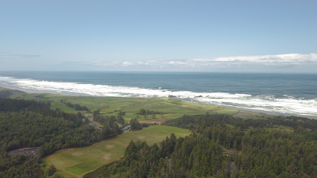 Bandon Dunes Golf Resort in Southern Oregon. Sheep Ranch Course. Aerial orbit with ocean view.
