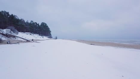 beautiful aerial view of baltic sea coast on a overcast winter day, beach with white sand covered by snow, coastal erosion, climate changes, wide angle drone shot moving backward low