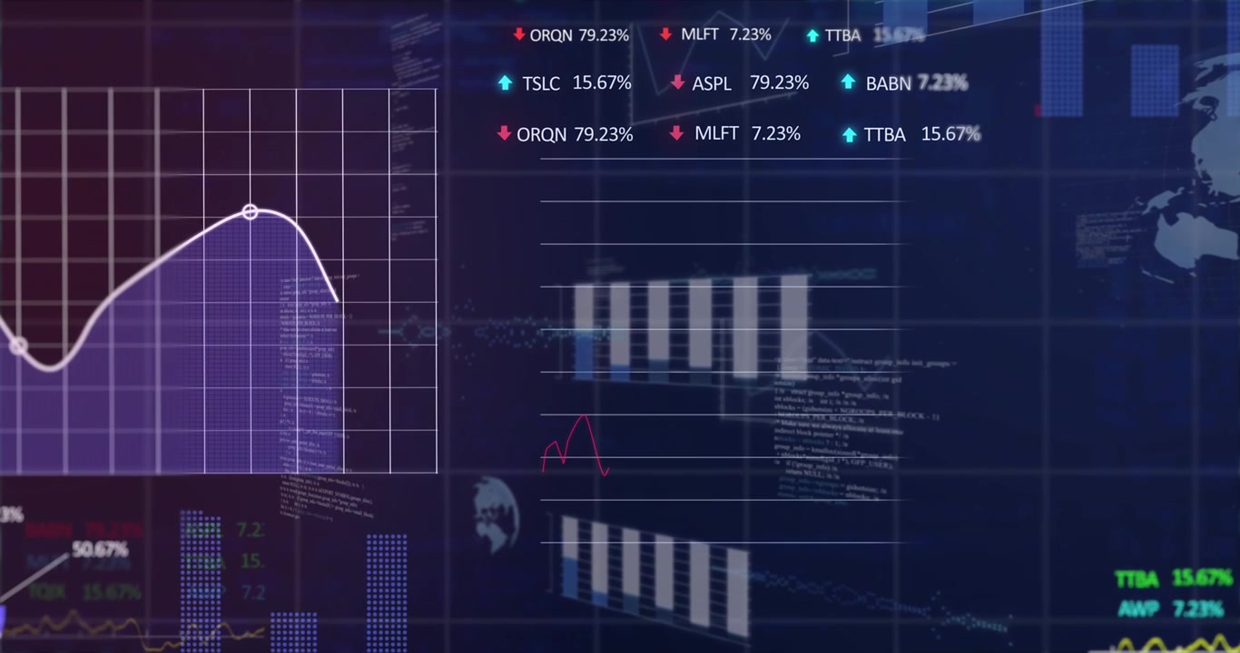 Animation of graphs, trading boards, globes and computer language over black background