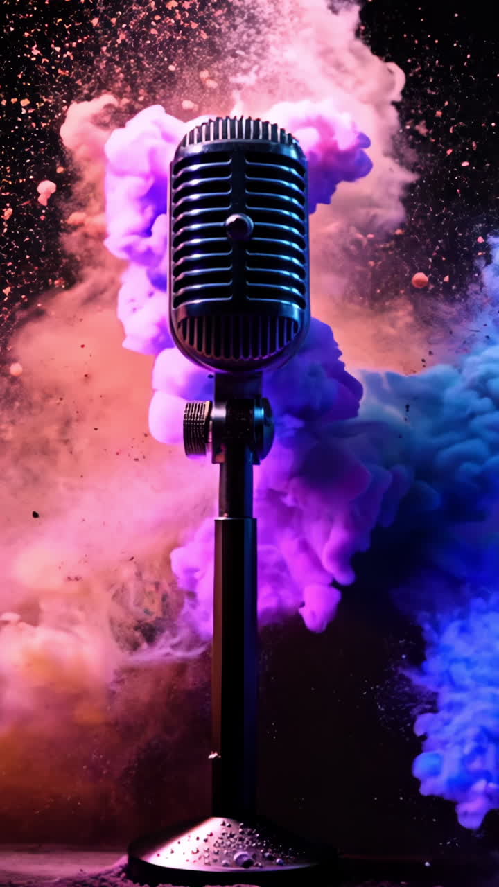 A microphone is surrounded by colorful smoke, creating a vibrant and energetic atmosphere. The microphone is the focal point of the image, drawing attention to its presence amidst the colorful chaos