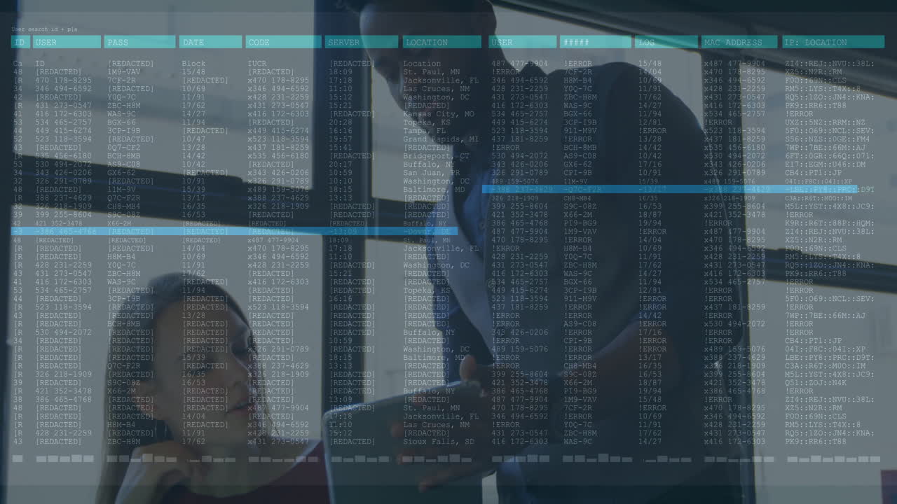 Discussing digital data overlay, business professionals collaborating in modern office