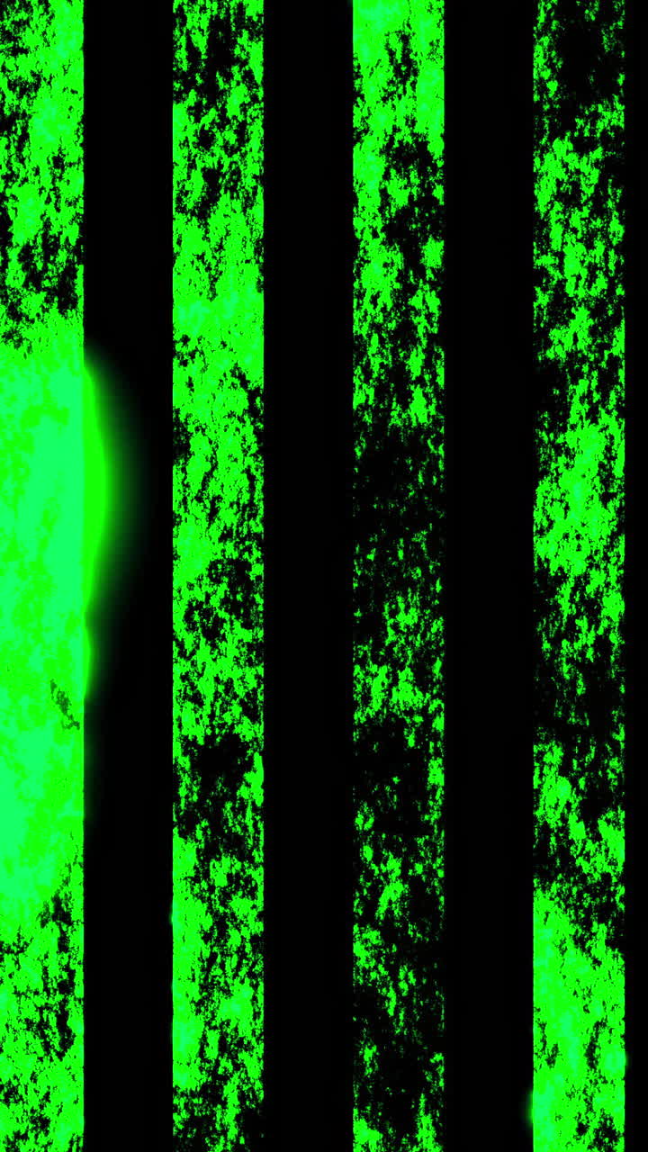 Strisce verticali verde neon su sfondo nero, texture grunge e rovinata con movimento a pulsazione lenta, industriale