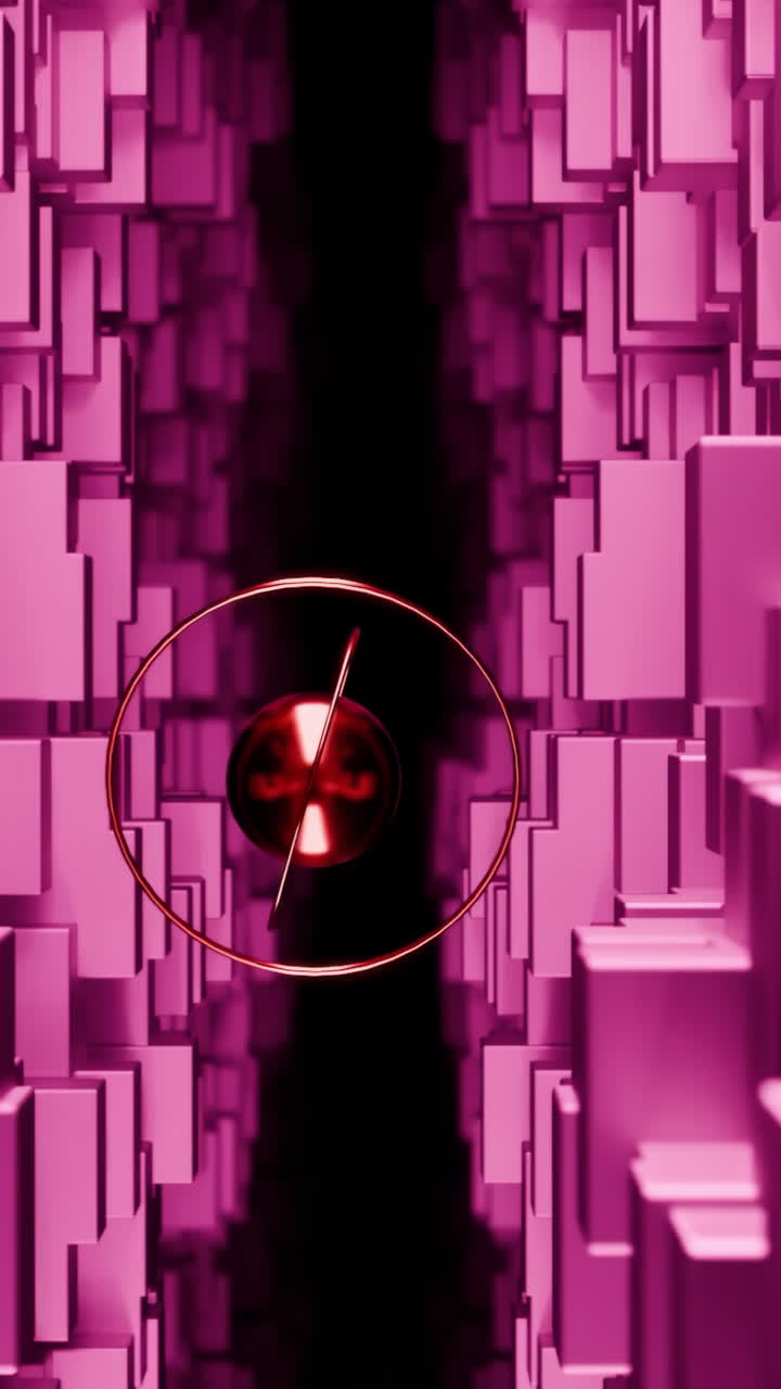Abstract 3D Geometric Tunnel with Pink Cubes and Metallic Sphere