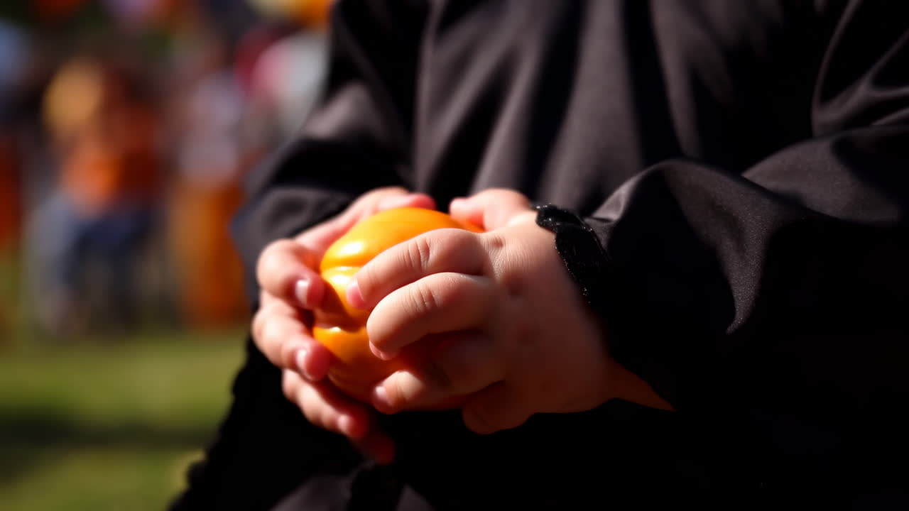 Child's Hands Gently Holding a Small Orange Pumpkin