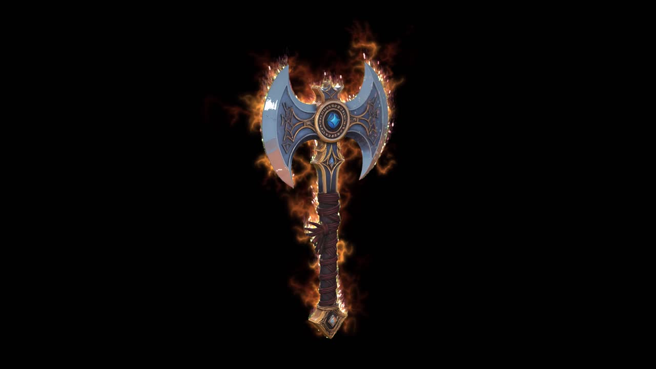 Design altamente dettagliato di un'ascia da battaglia fantasy in rendering in 3D 01, con lame di metallo decorate, nucleo di pietra preziosa incandescente ed effetti di fiamma ardente su sfondo scuro. Ideale per giochi fantasy e progetti di animazione epici