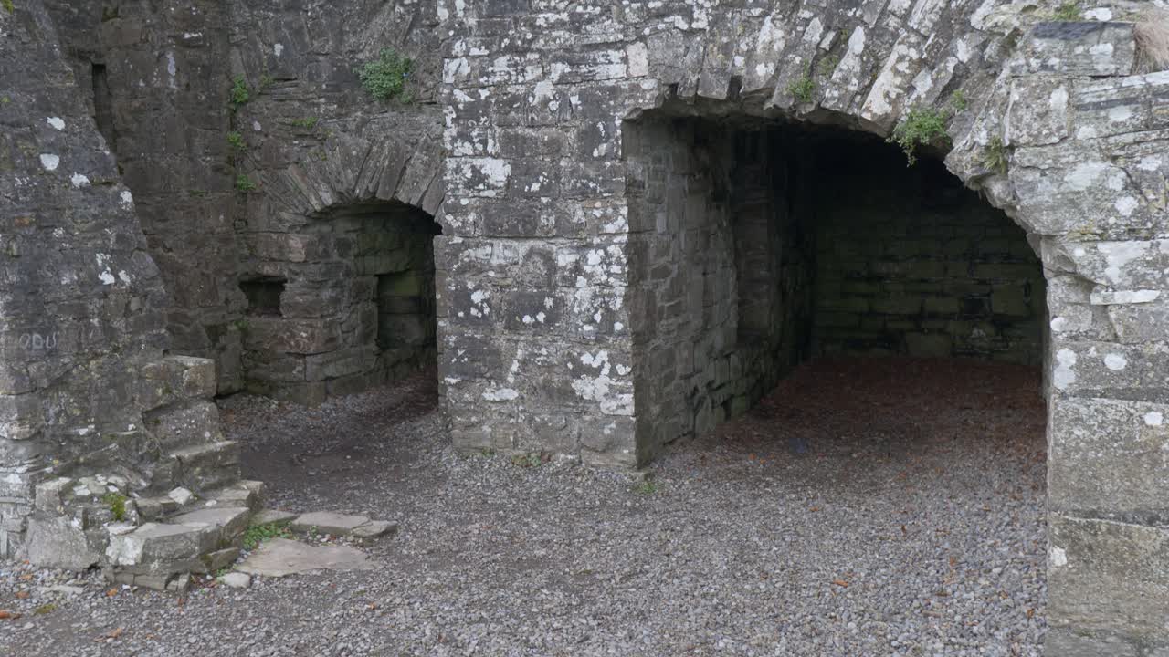 Imagens preservadas da Abadia de Bective, mosteiro cisterciense no Vale de Boyne, Condado de Meath, Irlanda. Câmera inclinando para cima