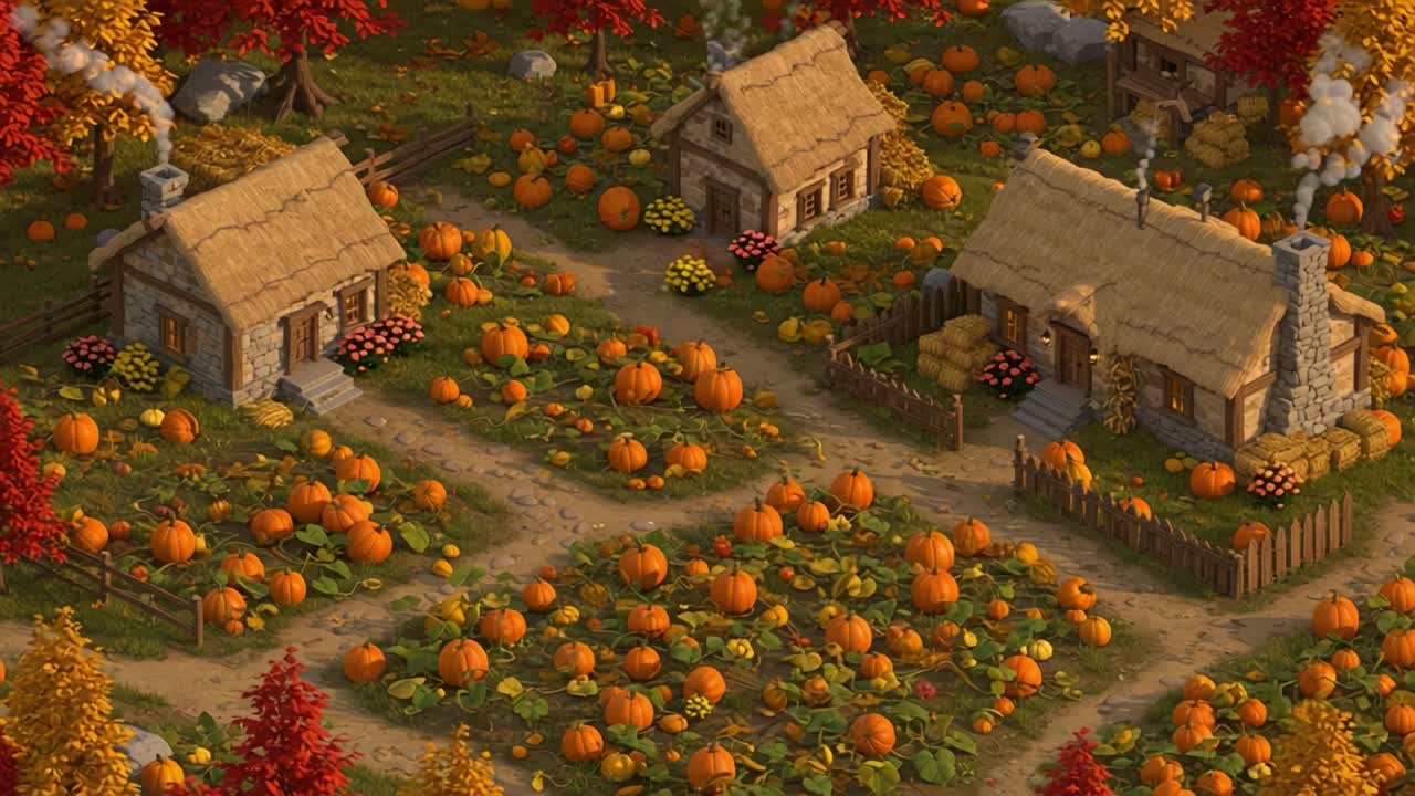 A Peaceful Autumn Scene Featuring Rustic Houses Surrounded by Bountiful Pumpkin Fields and Vibrant Fall Foliage in a Picturesque Rural Setting