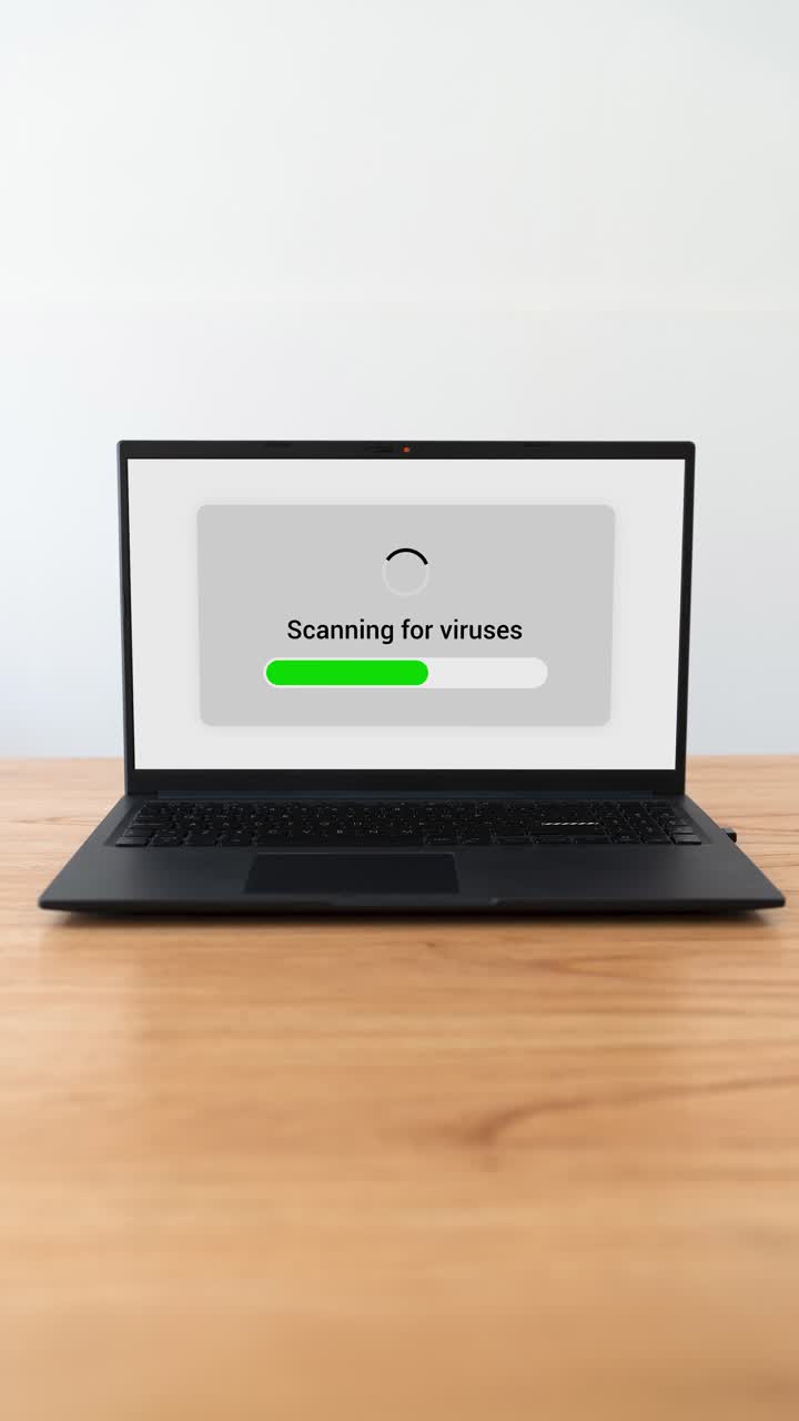Scanning computer for viruses and threats. Vertical shot.