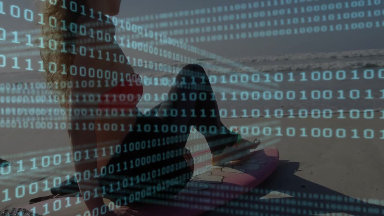 Camera widening leading to woman shifting on surfboard scanning ocean with binary code overlay tech