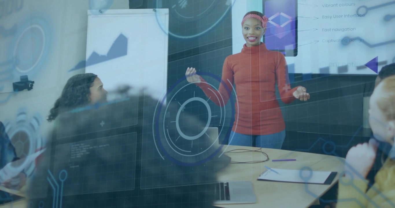 Presenter standing up and starting talk in business meeting, presenting charts with HUD overlays