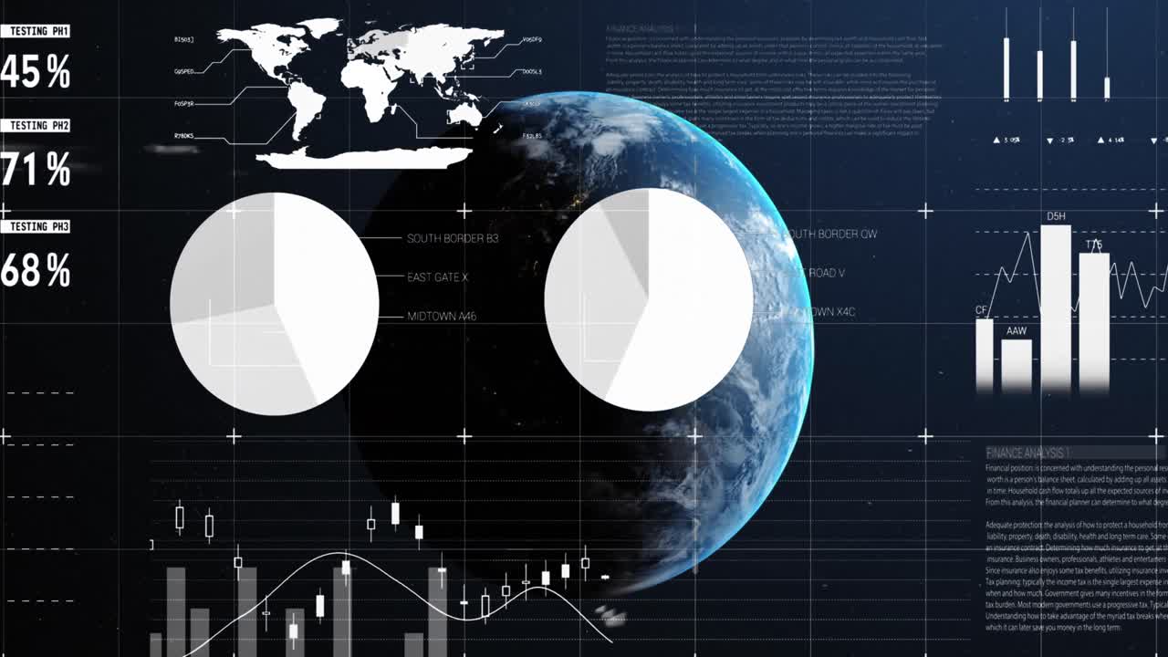 Animation of data processing with world map over globe in space