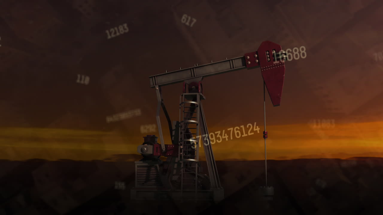 animación de los números cambiando sobre la plataforma petrolera al atardecer.