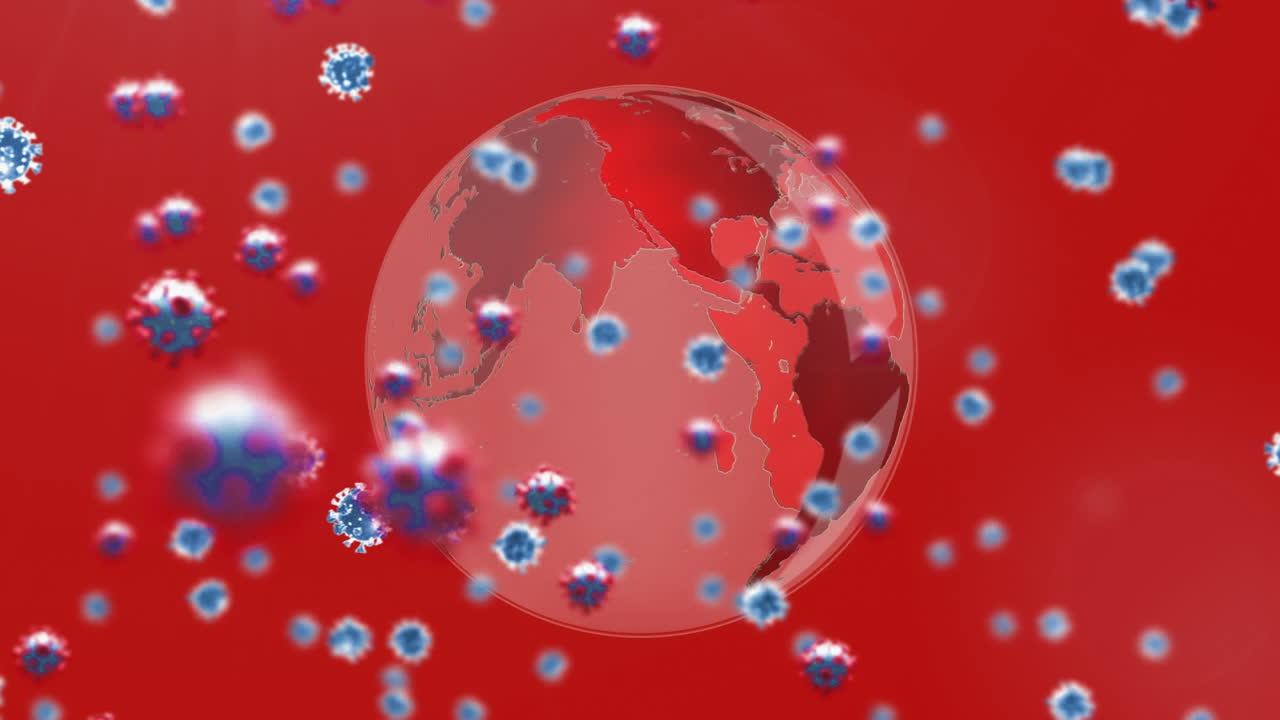 빨간 바탕에 빨간 지구 위에 떠있는 3d 코로나19 세포의 애니메이션