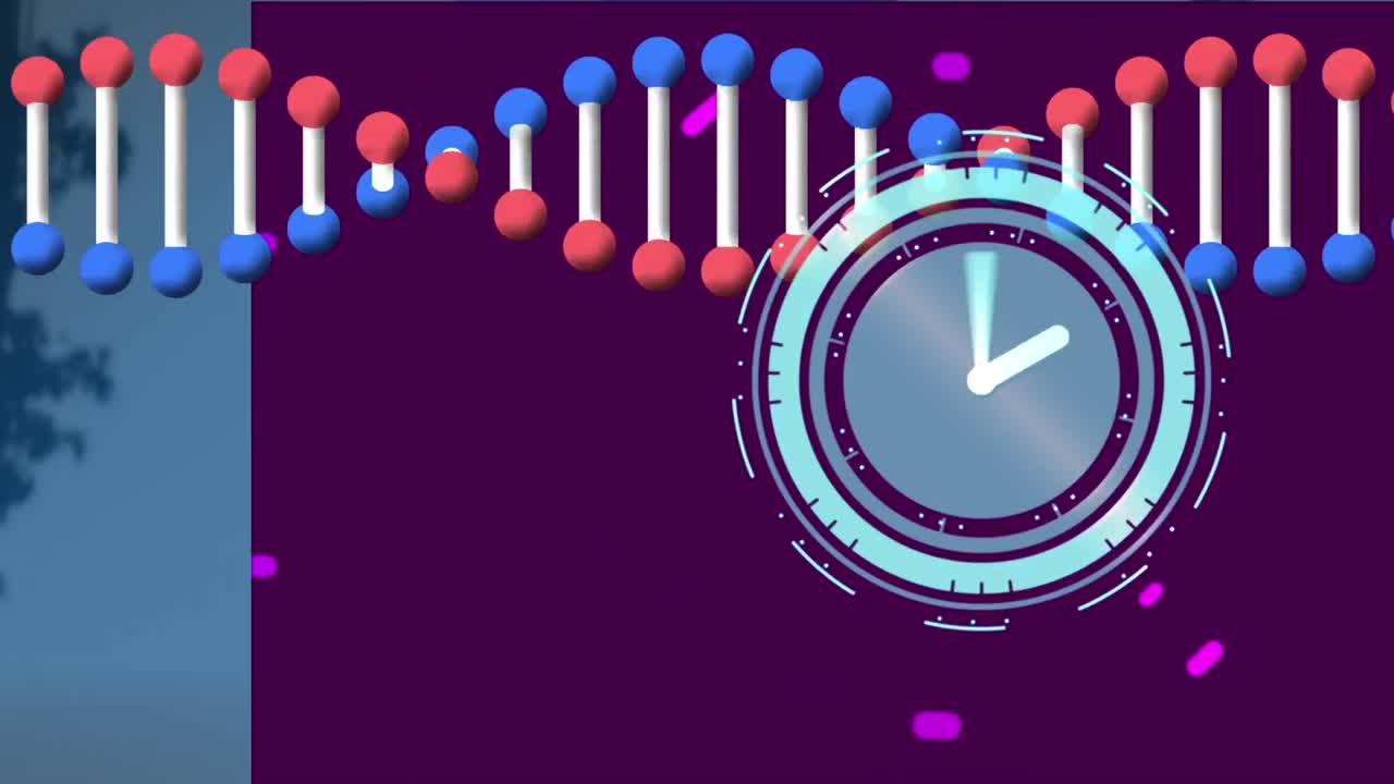 Animation of scope scanning and spinning dna trails over cityscape