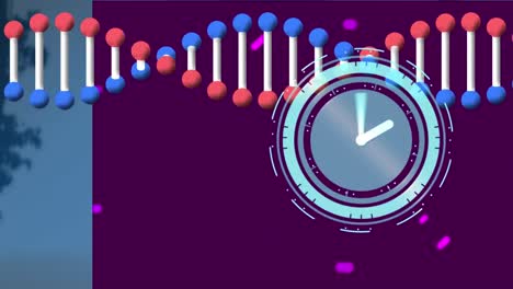 animation of scope scanning and spinning dna trails over cityscape