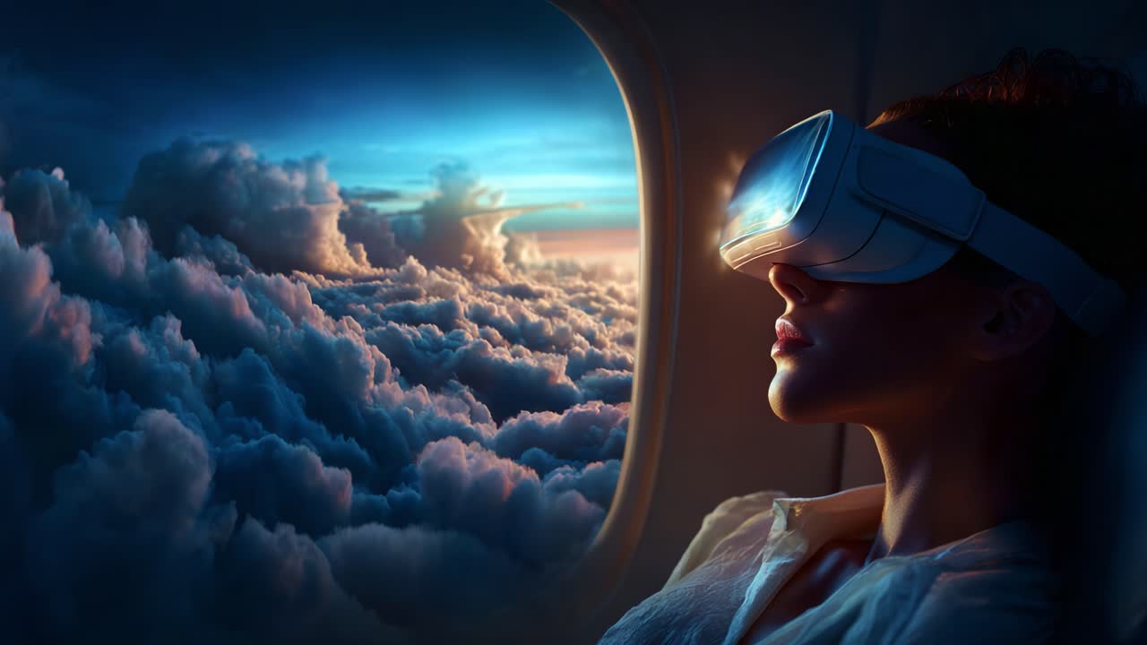 An immersive virtual reality experience in an airplane, where a passenger enjoys futuristic technology while gazing out at a breathtaking view of clouds and sky during flight