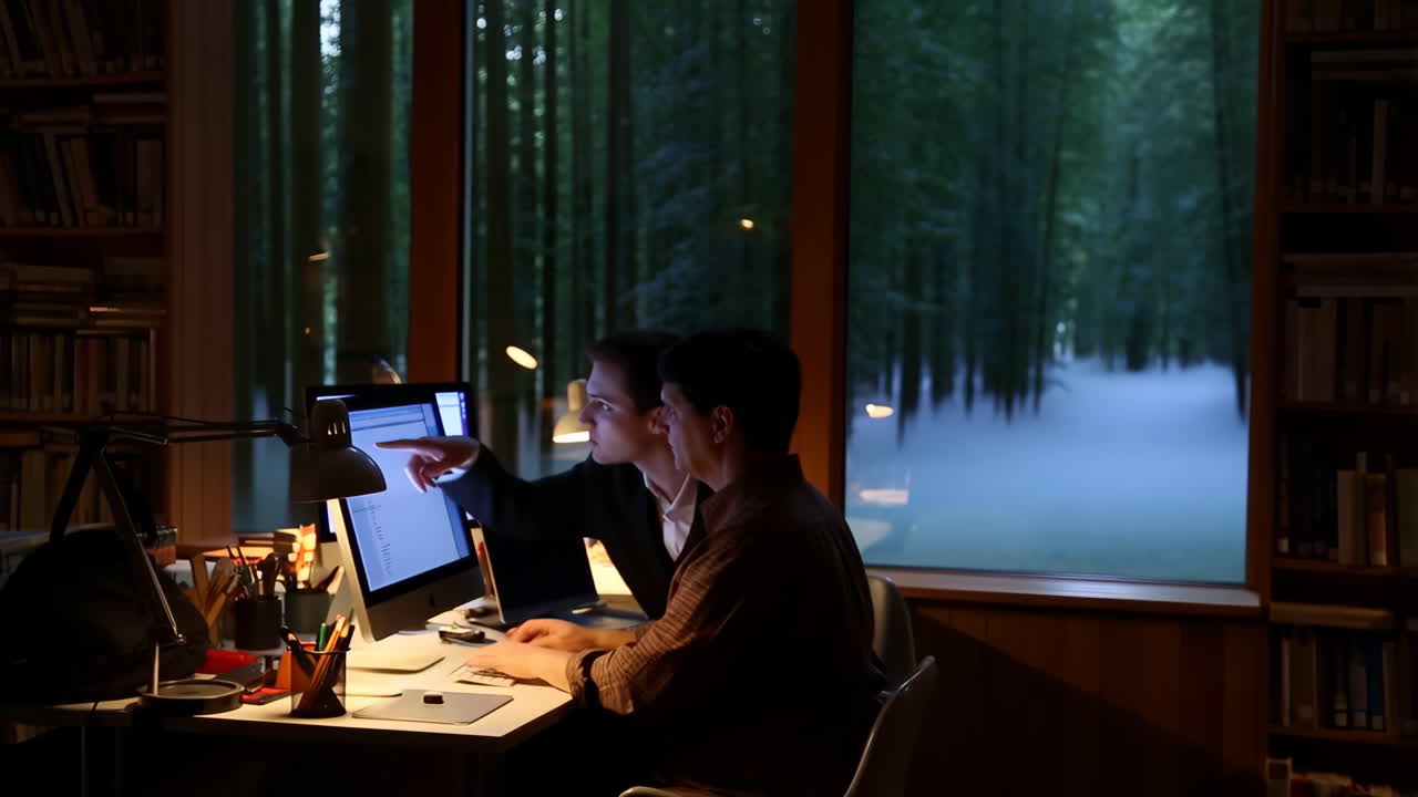 Two Men Collaborating on Computers in a Library at Night