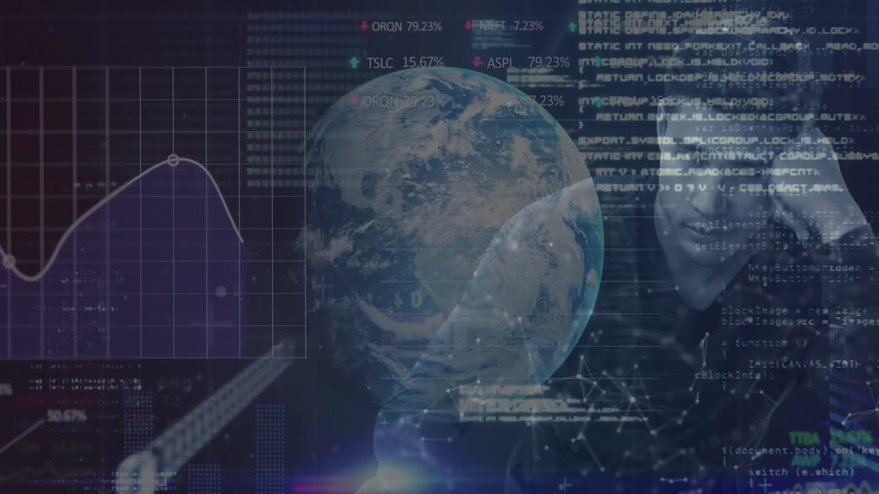 Data processing over spinning globe against man