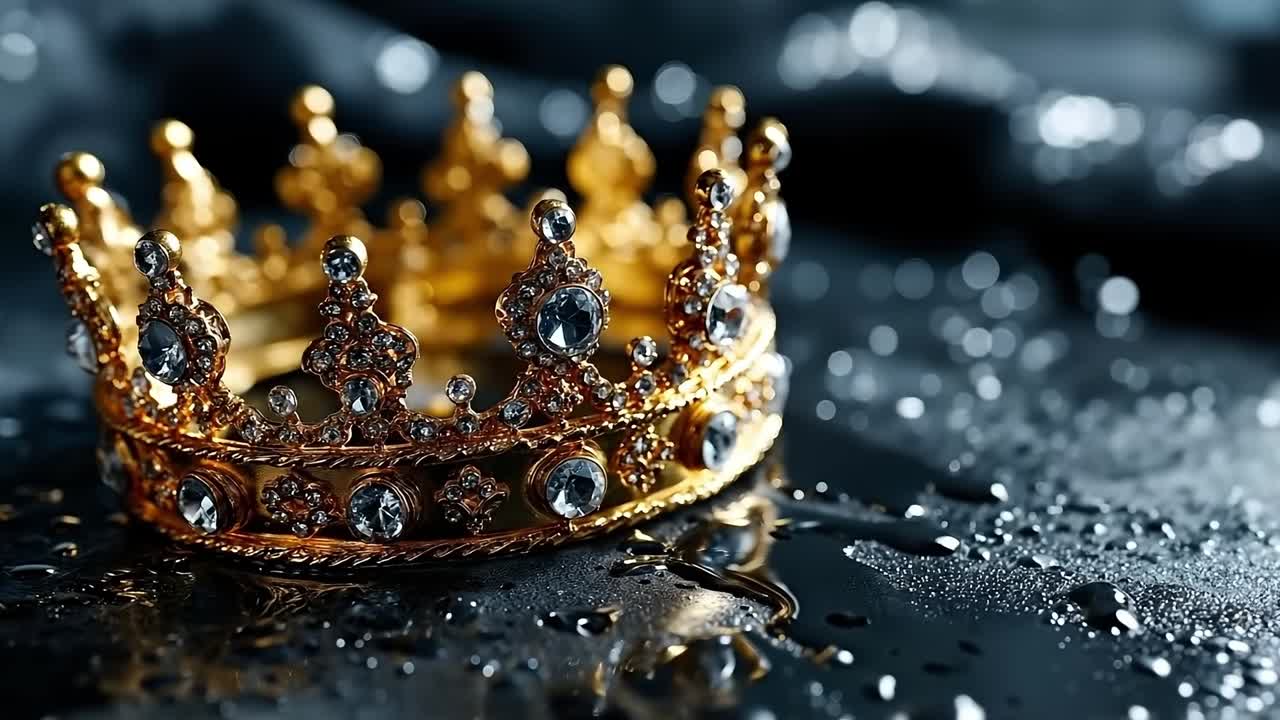 A gold crown with water droplets on a black surface