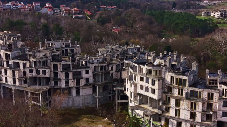 Edifici abbandonati che si affacciano su un paesaggio dimenticato alla luce del primo mattino.