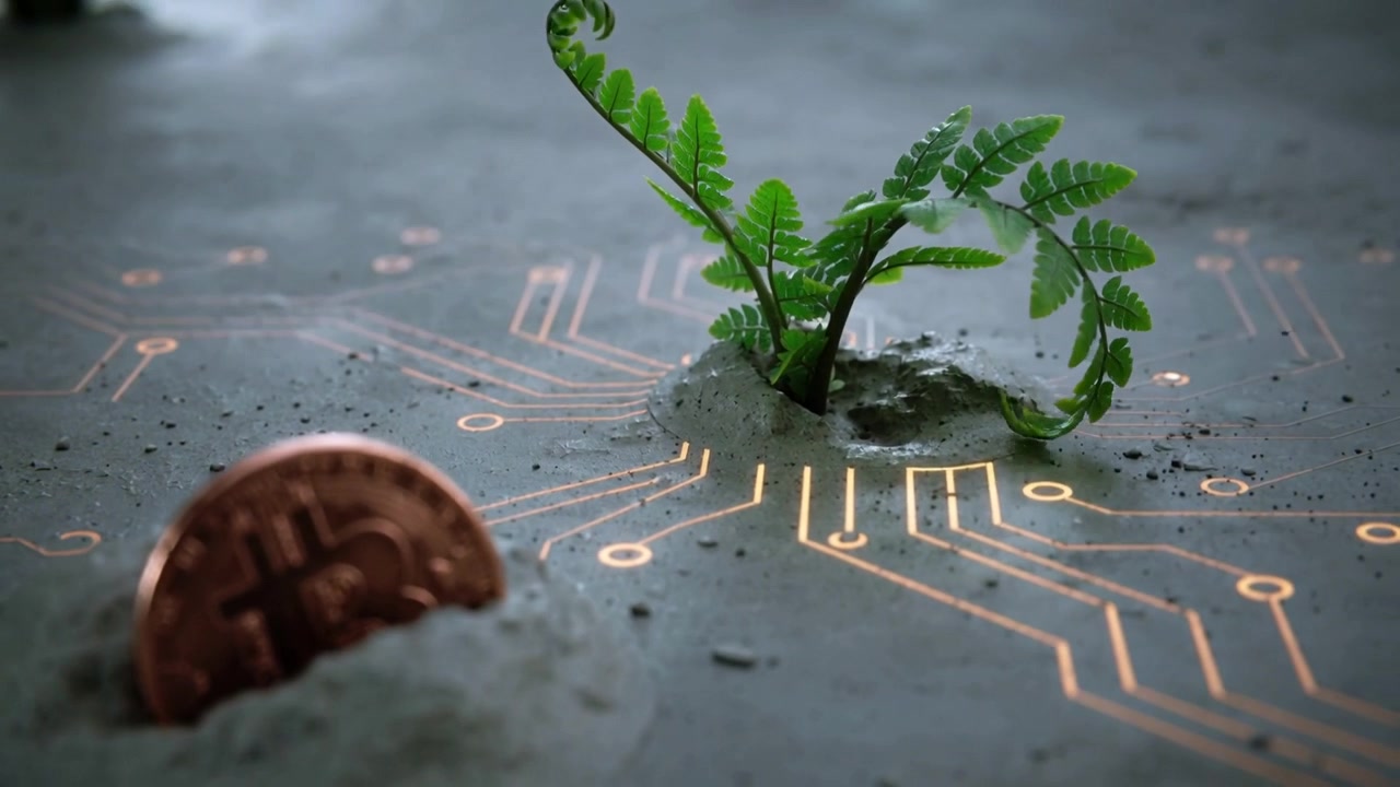 Growing green fern seedling responding to glowing circuit on gray surface, copper Bitcoin coin