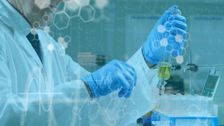 Animation of chemical formulas and data processing over caucasian senior male lab worker