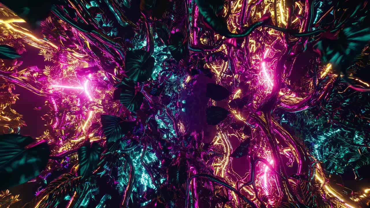 Abstract video art with a kaleidoscopic design, featuring vibrant metallic colors