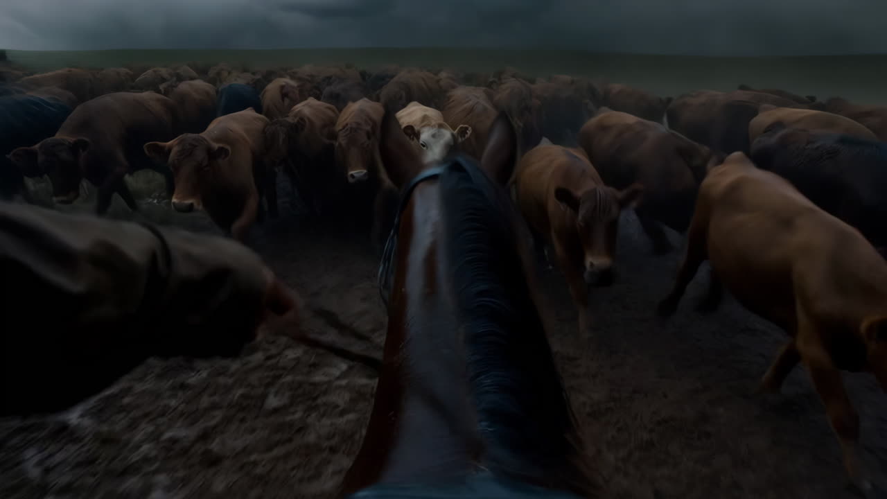First-person perspective of a cattle drive during a severe lightning storm