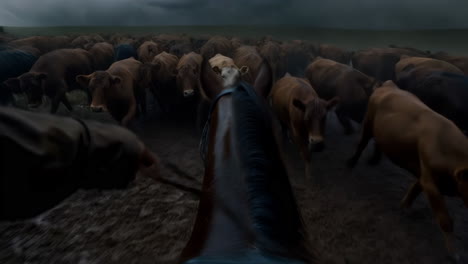 first-person perspective of a cattle drive during a severe lightning storm