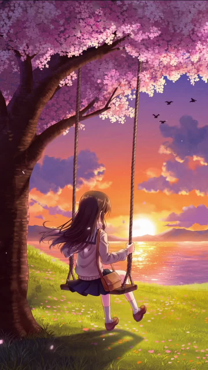 Ragazza anime sull'altalena sotto i fiori di ciliegio al tramonto, angolazione laterale, stile videogioco, Live mobile