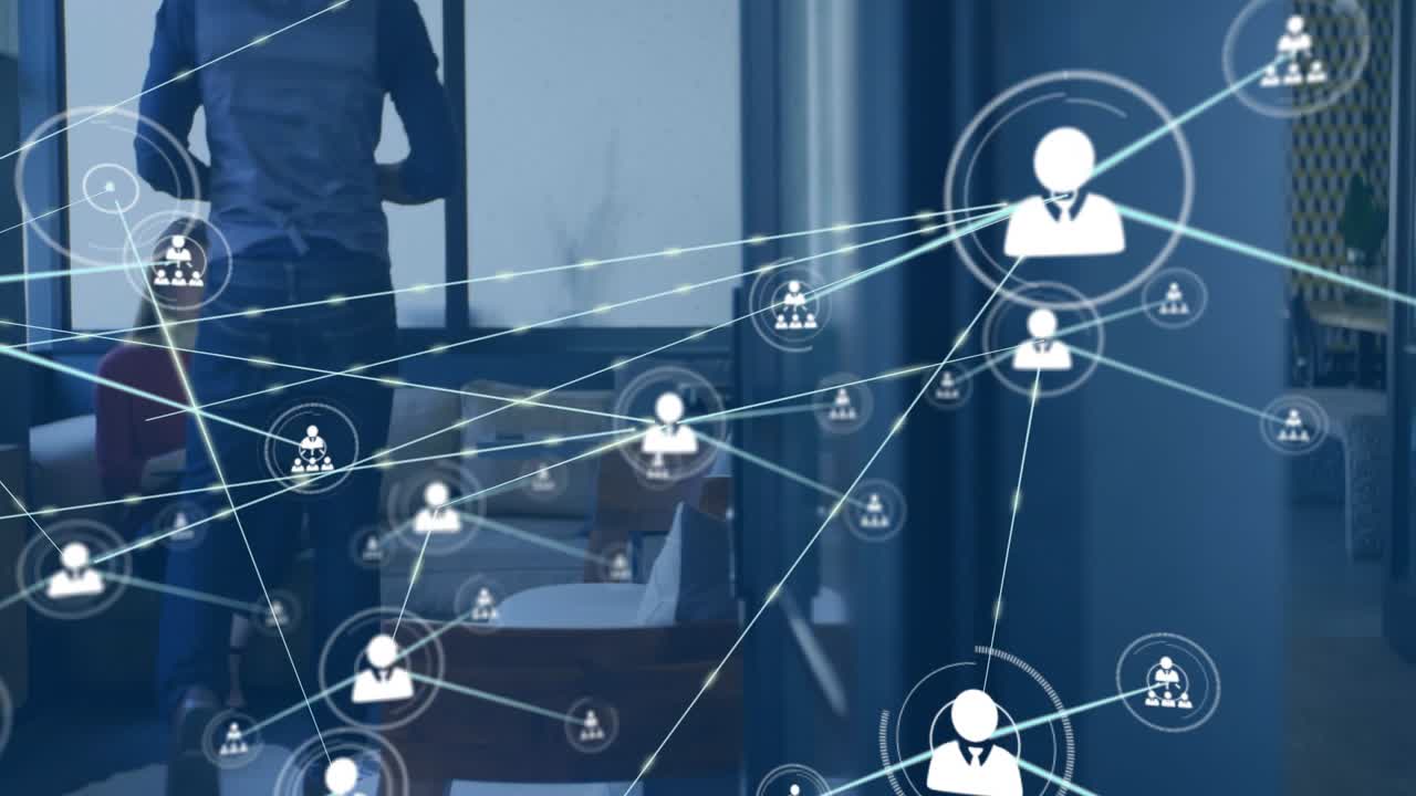 Animación de red de conexiones con iconos sobre personas de negocios diversas en una oficina