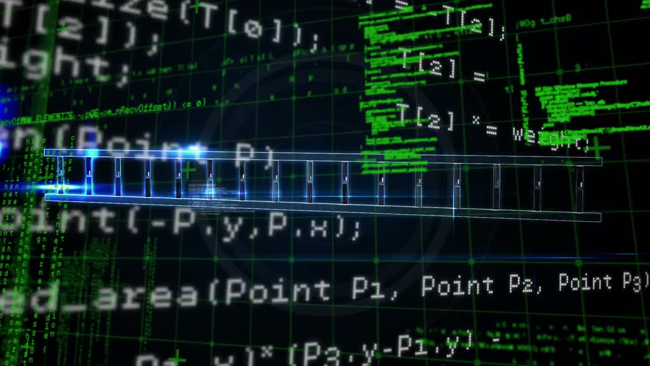 Animation of science data processing over dark background