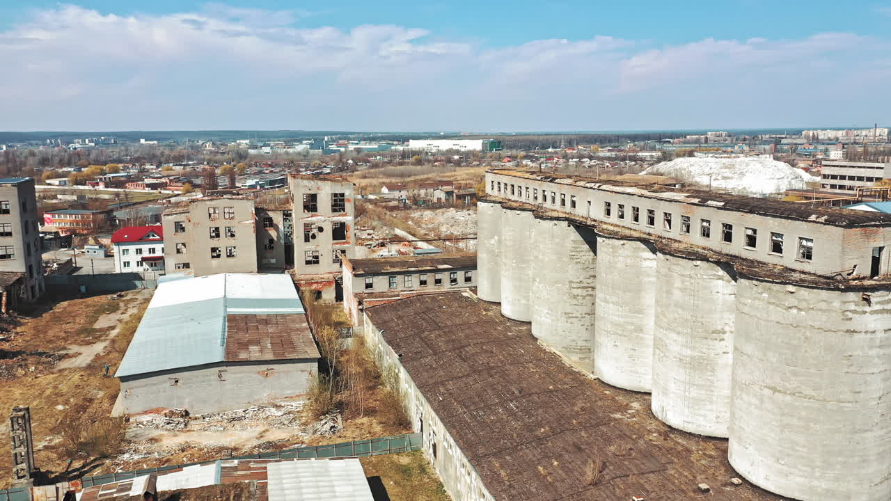 Abandoned ruined industrial factory building, ruins and demolition concept. Aerial view