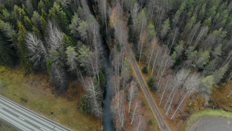 Aerial,-tilt,-drone-shot,-above-a-river-and-a-ashalt-road-bridge,-between-pine-trees-and-leafless-birch-forest,-on-a-cloudy,-autumn-day,-in-Juuka,-North-Karelia,-Finland