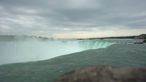 Toma-Estática-En-Cámara-Lenta-De-Las-Cataratas-Del-Niágara-En-El-Río-Niágara,-Un-Popular-Destino-Turístico-Cerca-De-Nueva-York-Y-La-Frontera-Con-La-Provincia-Canadiense-De-Ontario-Durante-Un-Día-Nublado