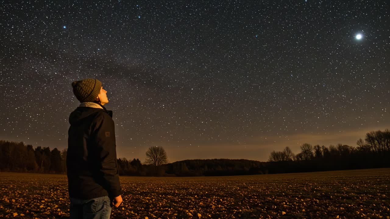 A person gazing at a vast starry night sky in a field