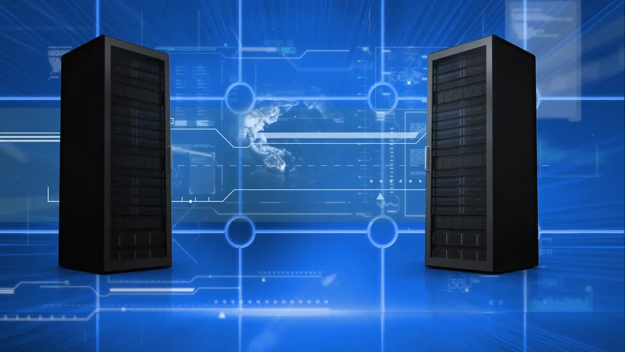 Animation of rotating globe, with servers and interface with data processing on blue